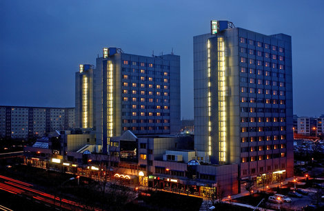 City Hotel Berlin East exterior at night time